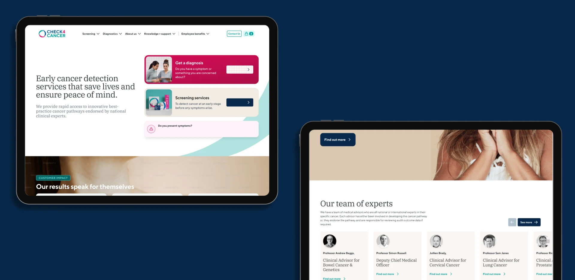Two tablet screens displaying a healthcare website interface focused on early cancer detection, showing screening services, diagnostic options, and a team of clinical experts.