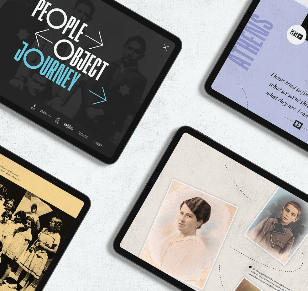 Multiple tablet screens displaying a digitised interactive storytelling experience with archival photographs, typography, and the headline “People Object Journey.”