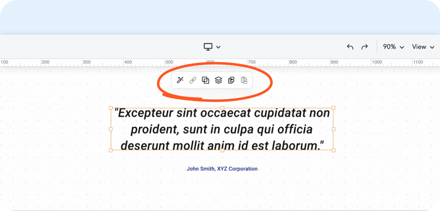 A screenshot of Ceros' new contextual toolbar, displaying a selected text component on the design canvas.