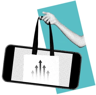 Shopping bag emerging from smartphone representing mobile ecommerce growth and online shopping