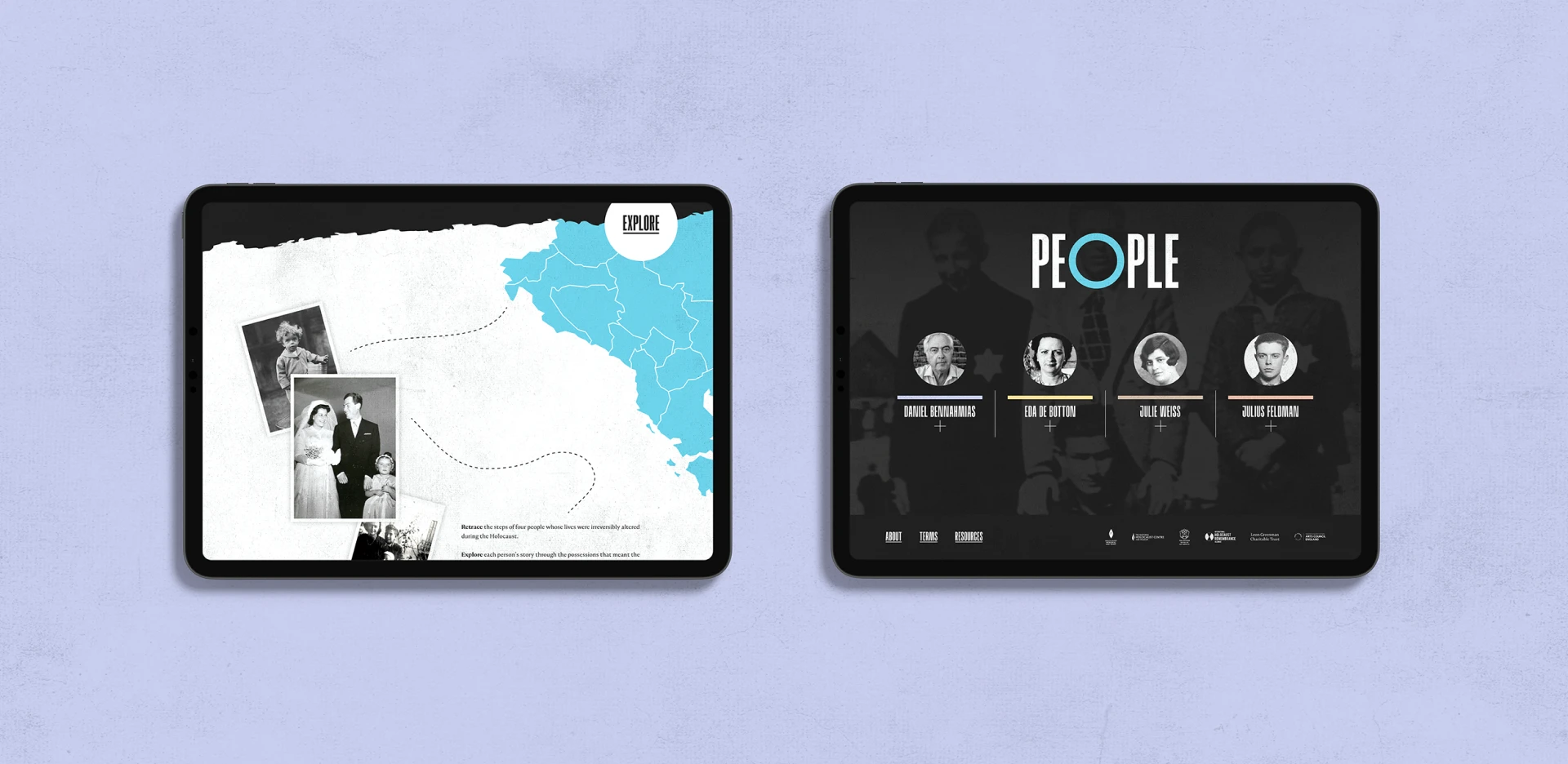 Interactive UX design displayed on tablets showing storytelling interface with historical photos, map exploration, and people profiles