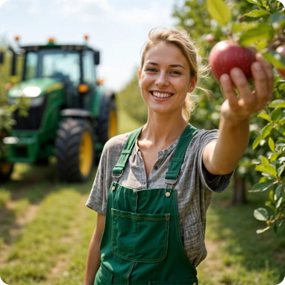 Smiling farmer in green overalls holding a freshly picked apple in an orchard with a tractor in the background