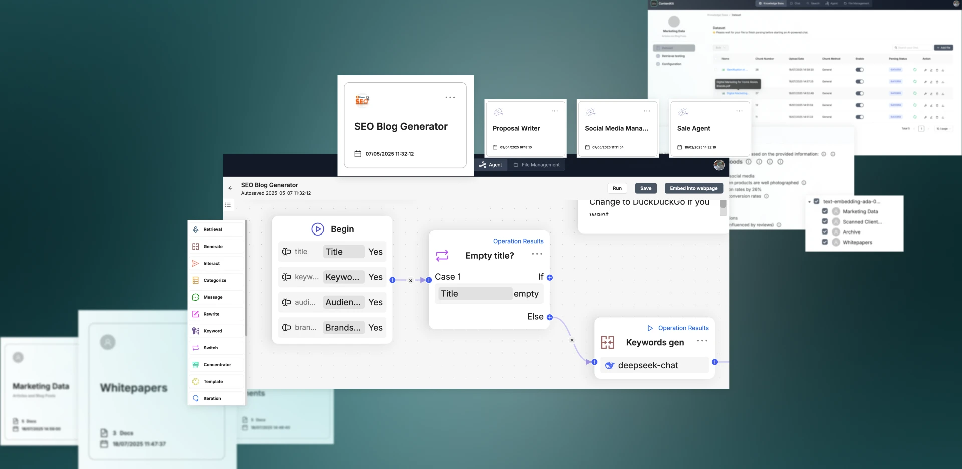 AI content workflow interface showing an SEO blog generator with modular tools, automation logic, and marketing data dashboards
