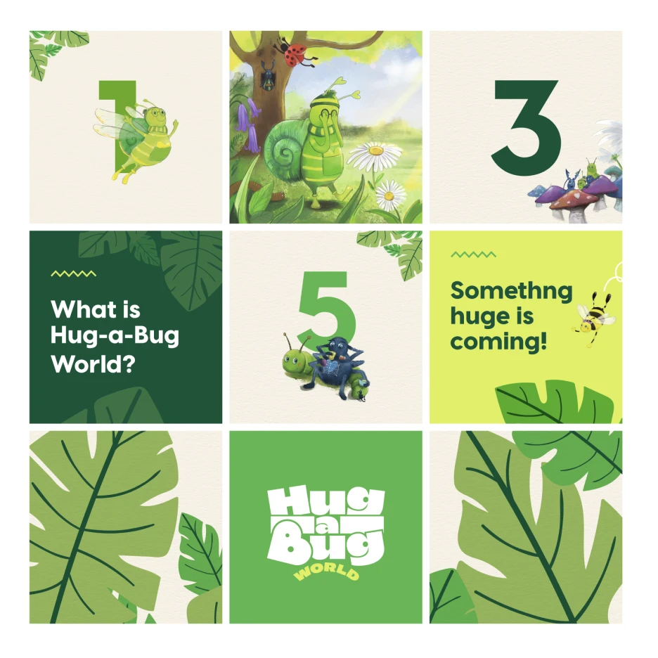 Grid of illustrated tiles for Hug-a-Bug World featuring cartoon insects, leafy backgrounds, countdown numbers, and teaser text announcing an upcoming launch.