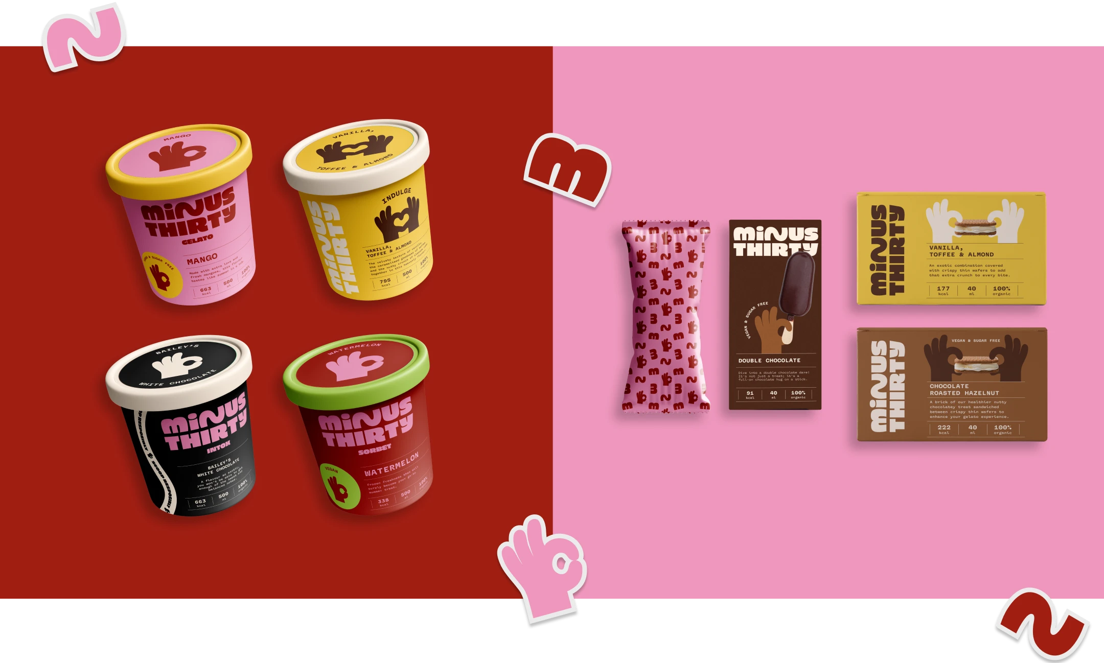 Minus Thirty gelato tubs, popsicles and ice cream sandwiches showcasing the refreshed brand identity across multiple product lines