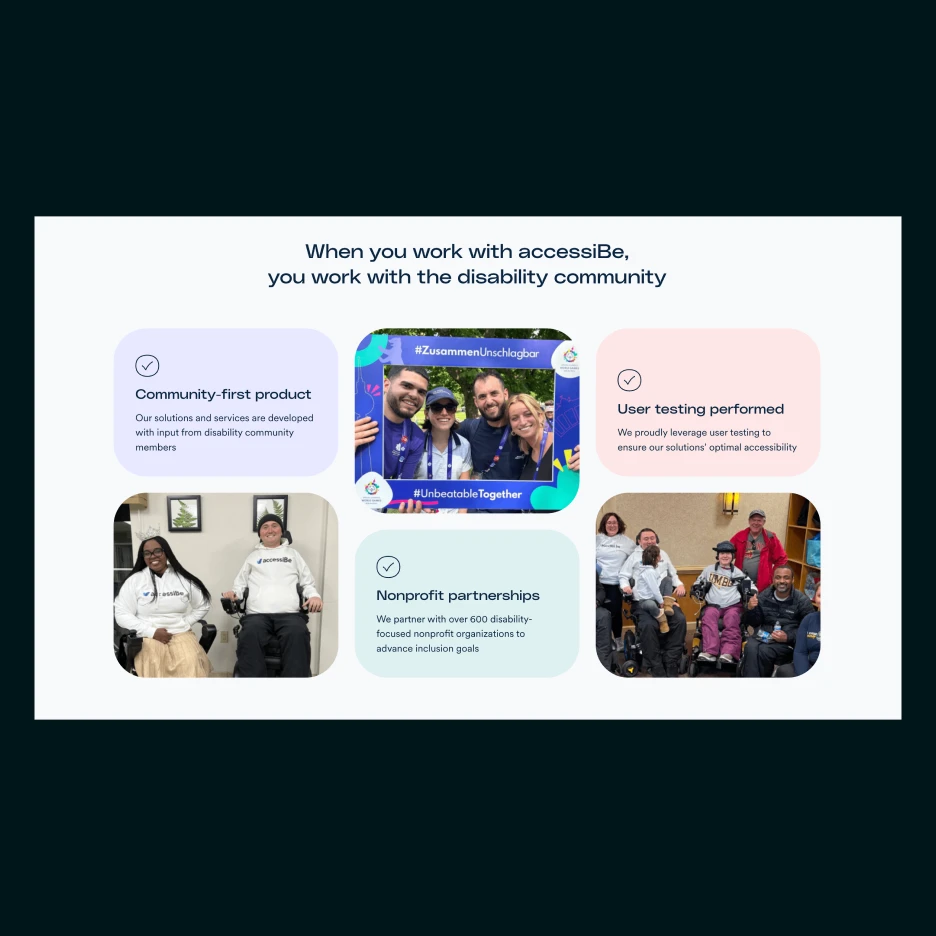 accessiBe community section showing disability advocates, nonprofit partnerships, and community-first accessibility initiatives