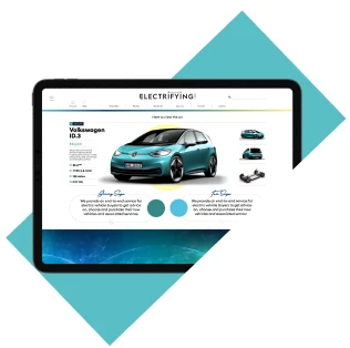 Tablet displaying product configurator interface for electric vehicle on technology website