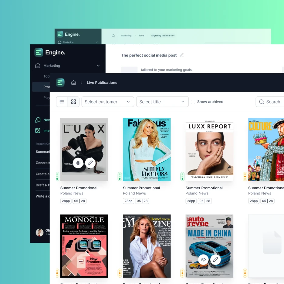 Dashboard interface of Rhapsody Engine showing publication covers and content management tools for marketing and live publications