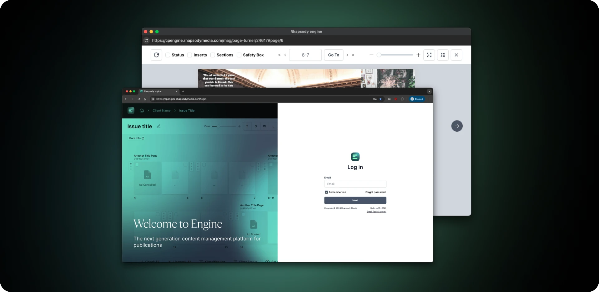 Interface of the Rhapsody Engine content management platform showing login and editorial workflow screens