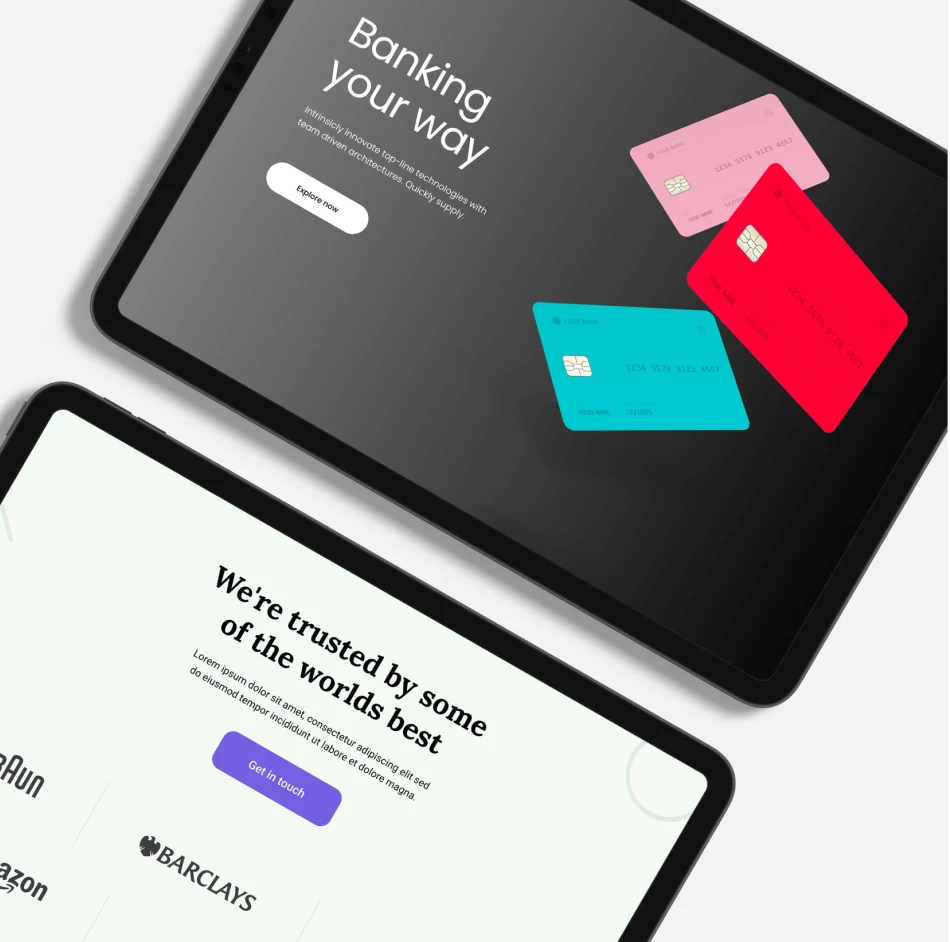 Modern fintech banking interface design displayed on tablet screens with digital payment cards and financial dashboard