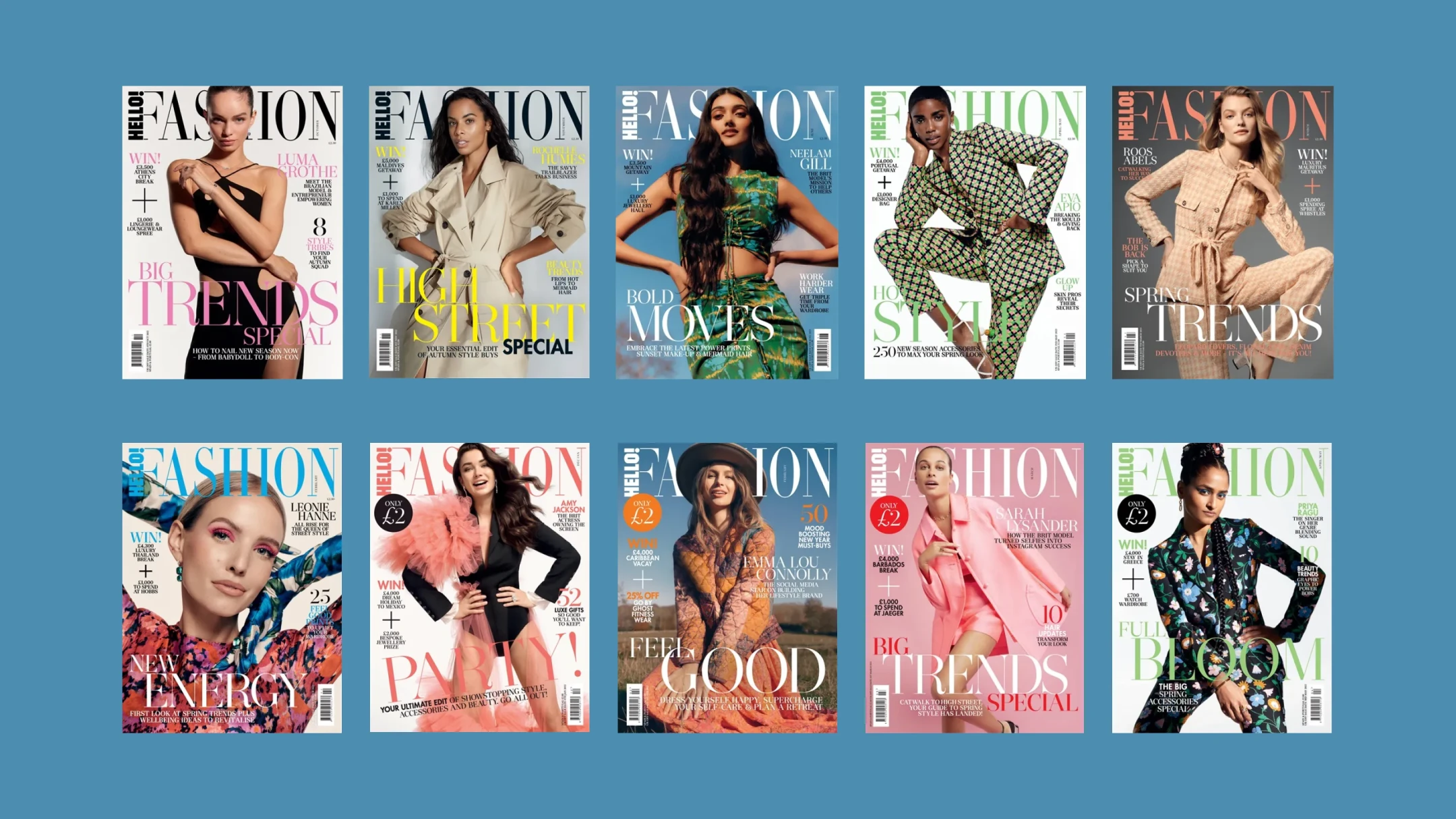 Collection of fashion magazine cover designs displayed in a grid as part of a pre-press layout review