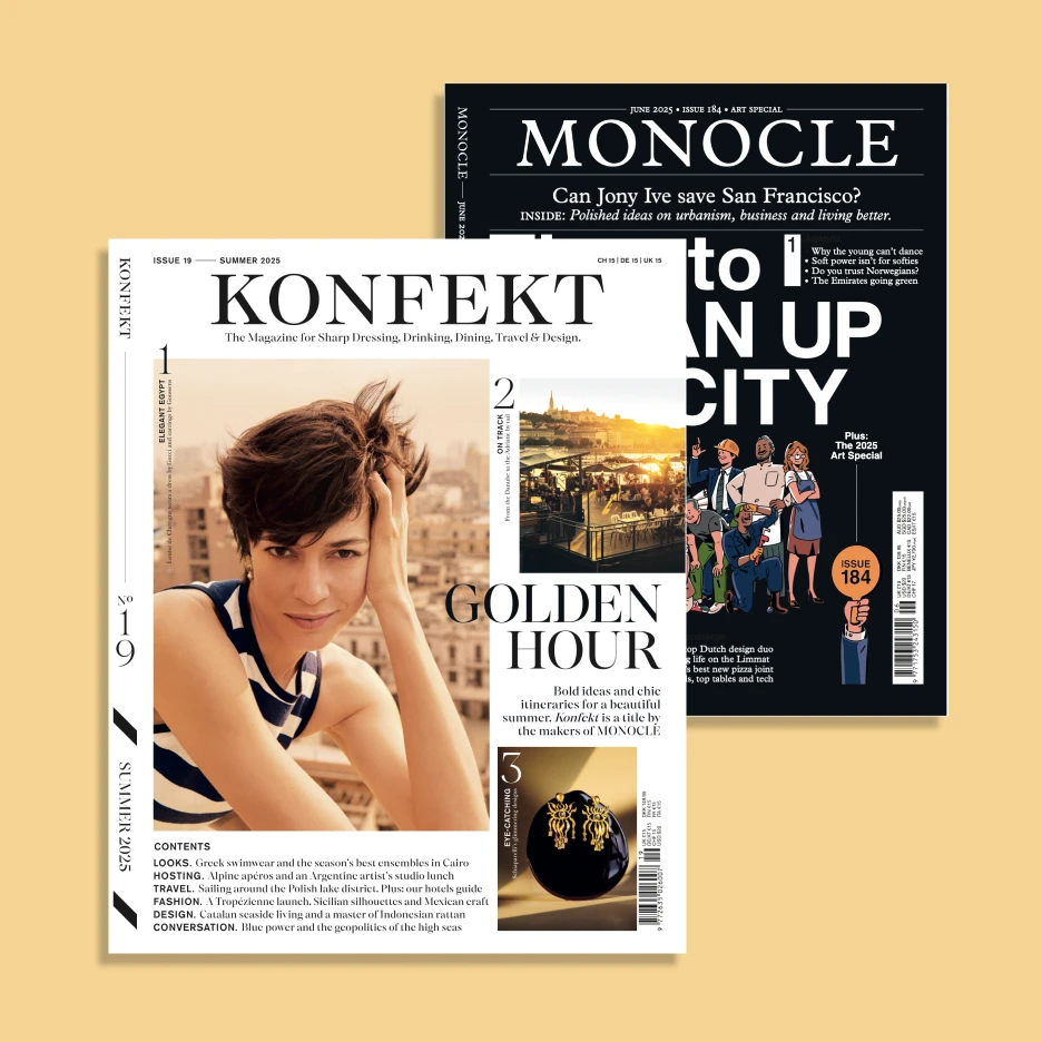 Editorial magazine cover designs featuring Monocle and Konfekt lifestyle publications with modern typography and photography