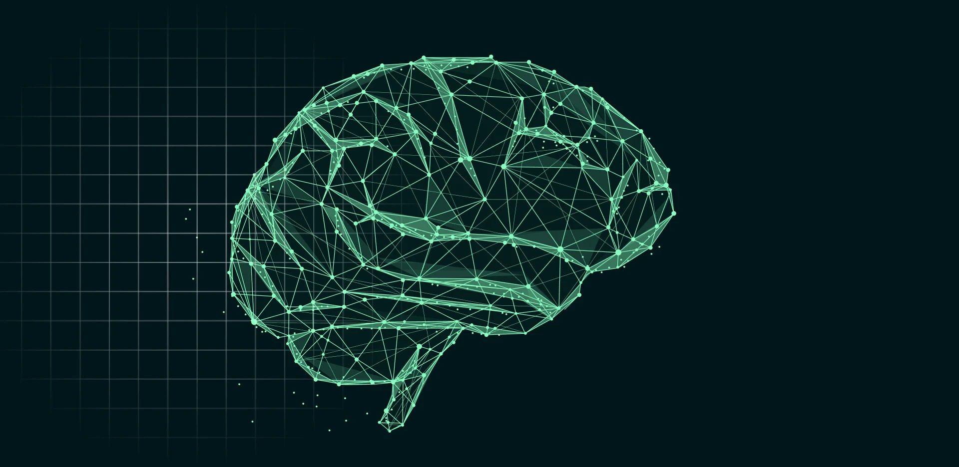 Abstract digital illustration of a human brain formed by connected network nodes and lines representing AI workflows