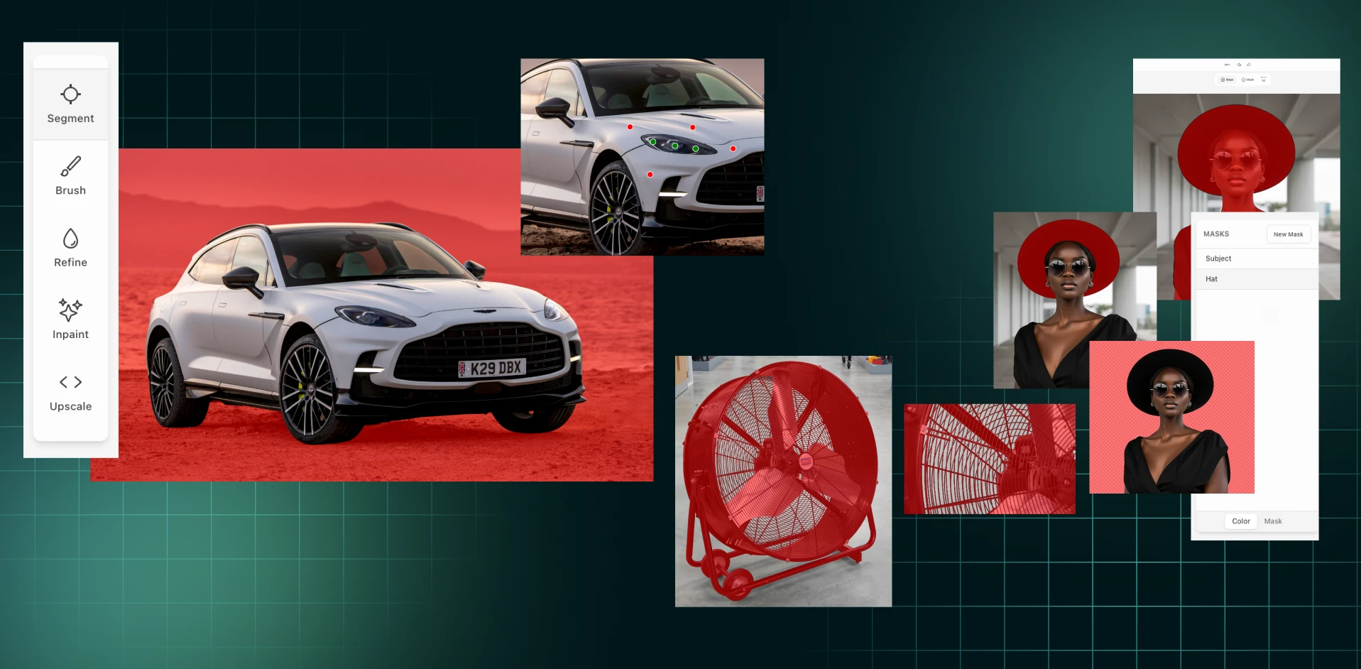 Interface examples showing AI image masking, segmentation, and editing tools applied to product and portrait images