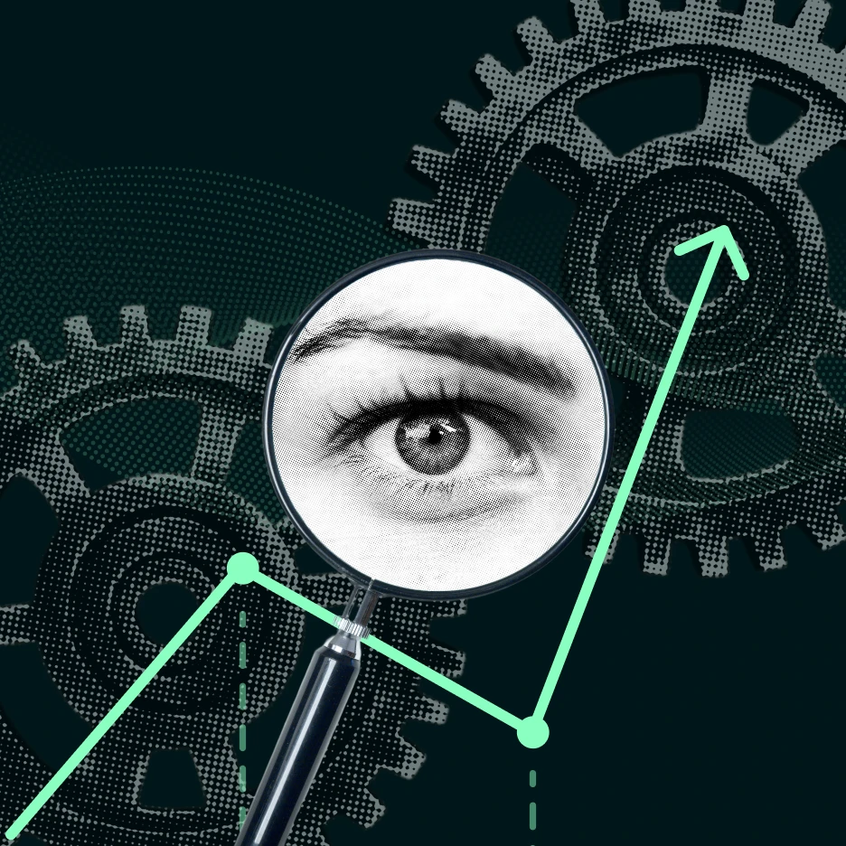 Magnifying glass analysing website data with upward trend representing ecommerce conversion rate optimisation