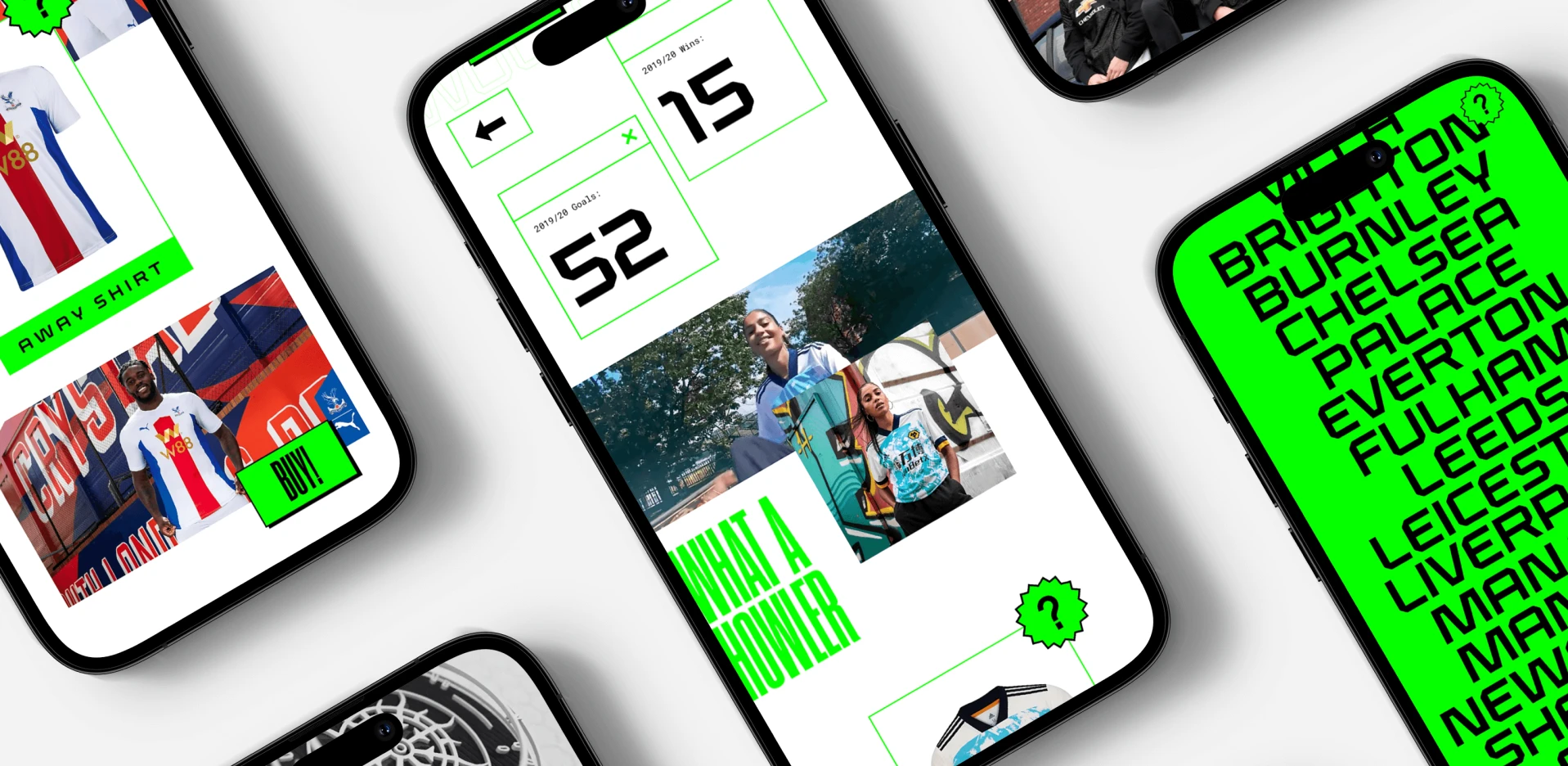 Mobile app UI design for a sports brand featuring product pages, player stats, and bold neon typography interface