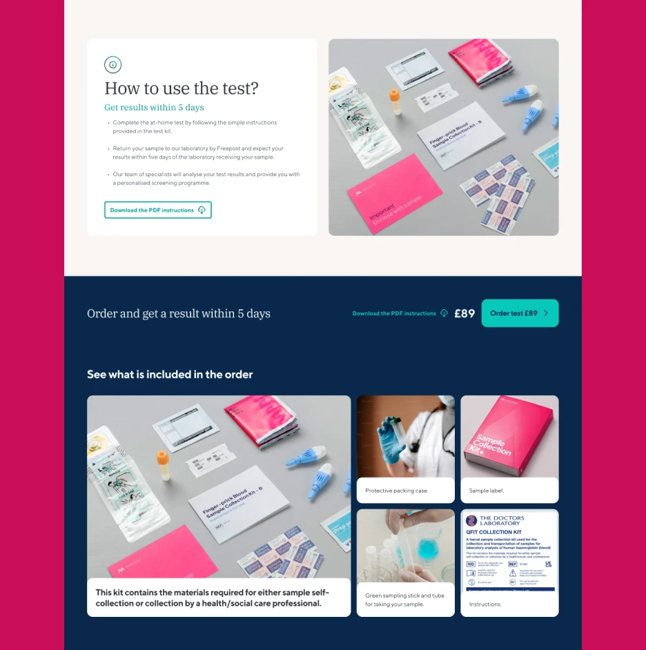 Healthcare e-commerce webpage showing instructions for using an at-home medical test kit, including step-by-step guidance, pricing, and images of the test contents.
