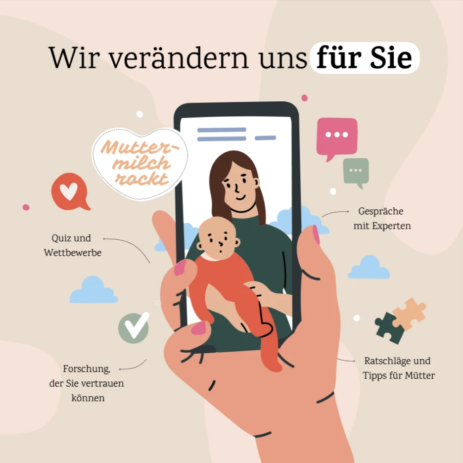 Illustrated graphic showing mother and baby in a mobile app interface with icons representing advice, research, and expert support