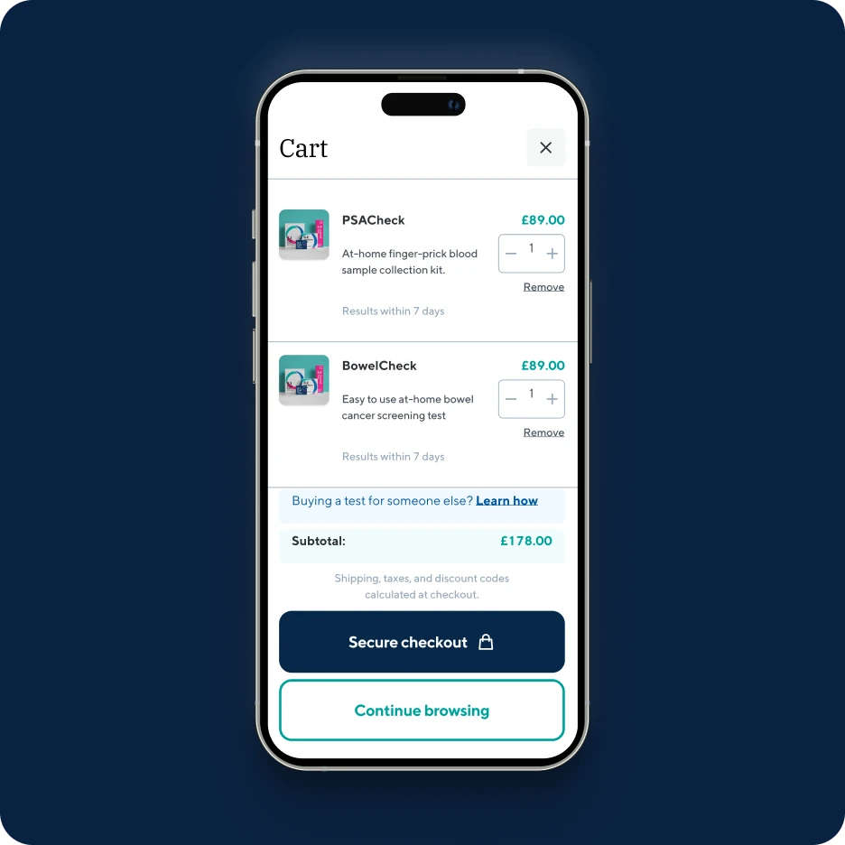 Mobile ecommerce shopping cart interface showing products, subtotal, and secure checkout buttonMobile ecommerce cart screen showing products, pricing, and secure checkout