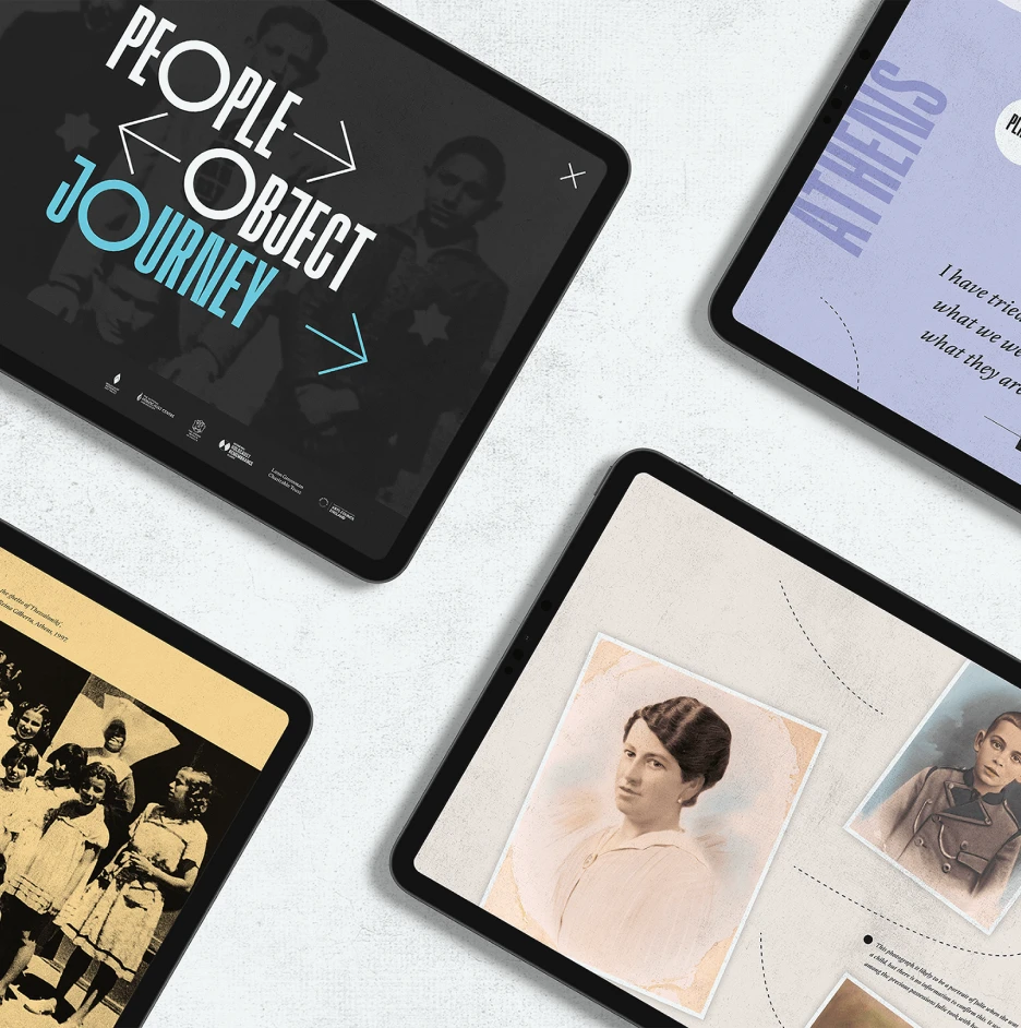 Tablet screens displaying digital exhibition content with historical photographs, portraits, and storytelling layouts for a social impact project.