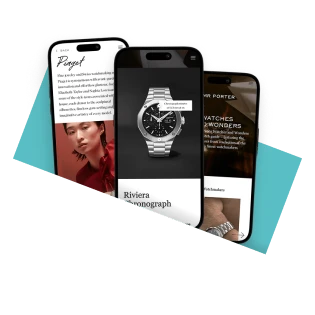 Smartphone screens showcasing luxury brand content, including a premium wristwatch, fashion imagery, and editorial-style layouts.