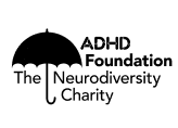 ADHD text logo with umbrella icon in black on white background
