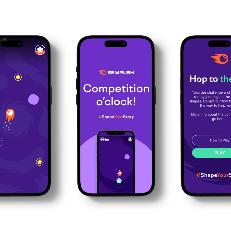 Three smartphone screens showing a SEMrush-branded mobile game interface with the headline “Competition o’clock!” and playful gamified visuals.