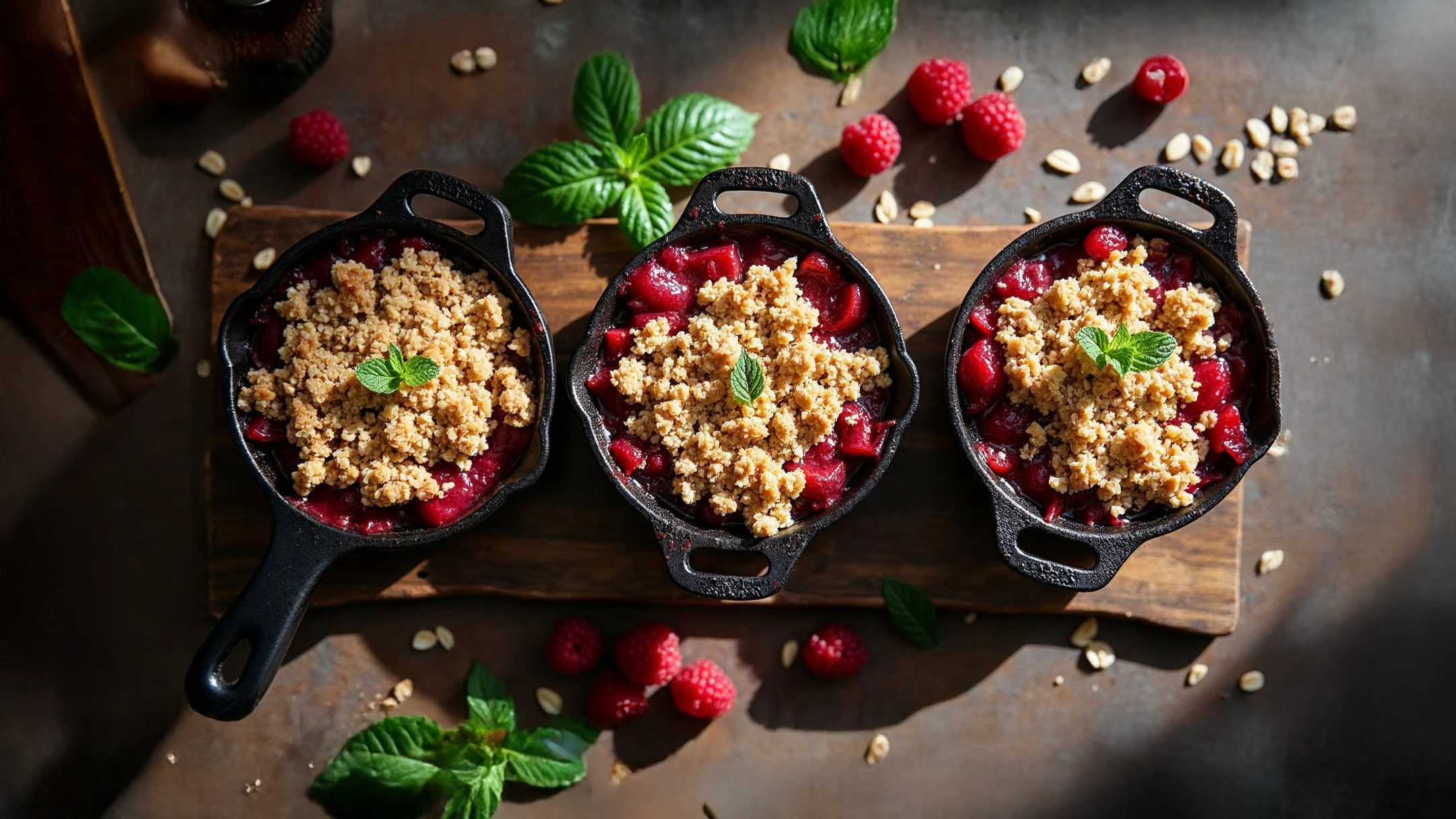 AI-generated image of three raspberry crumble desserts in small cast iron pans on a wooden board