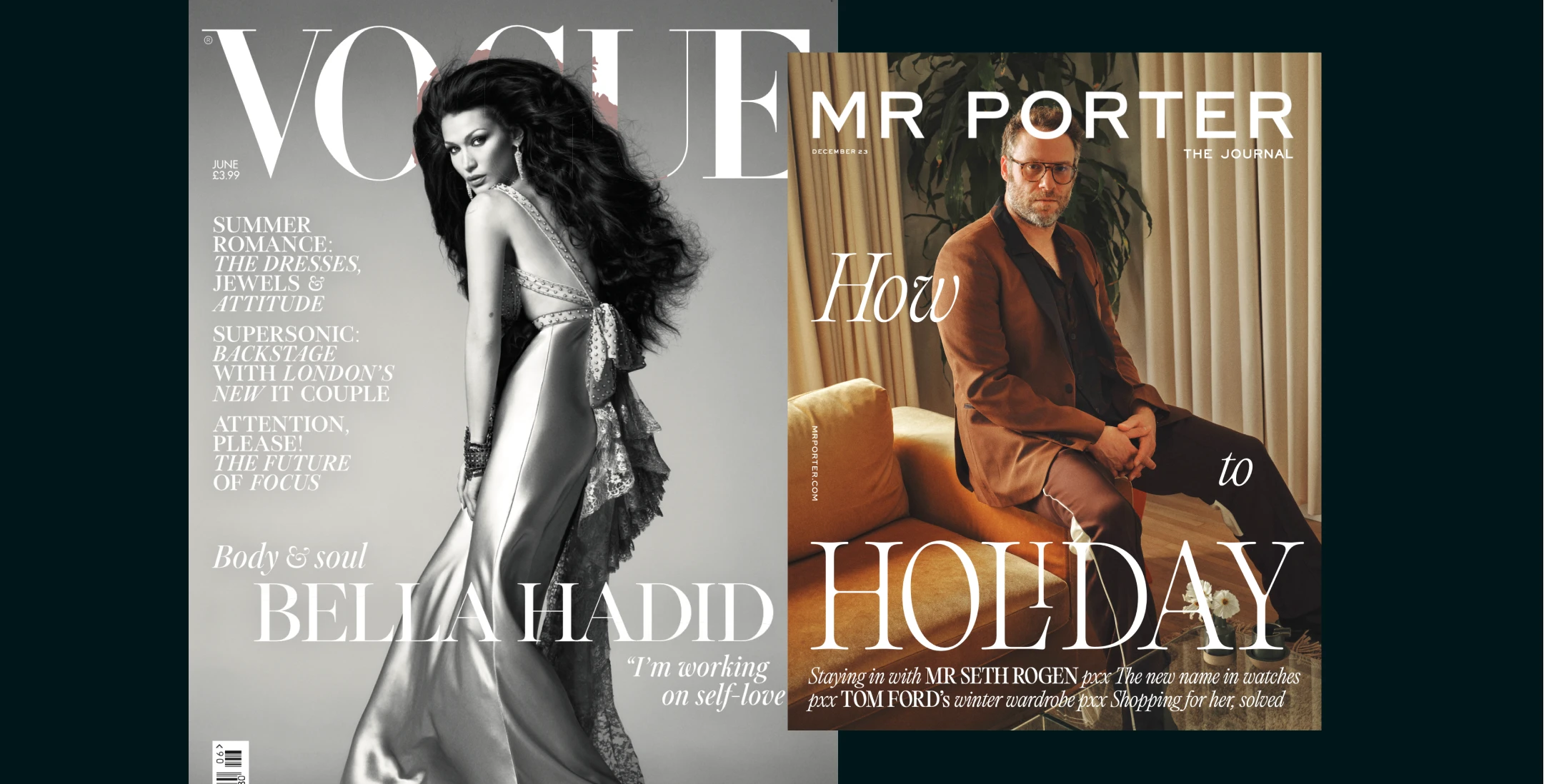 Two high-end fashion magazine covers displayed side by side: one featuring a woman in an elegant evening dress photographed in a studio, and the other featuring a man seated indoors in tailored clothing, styled in a refined editorial setting.