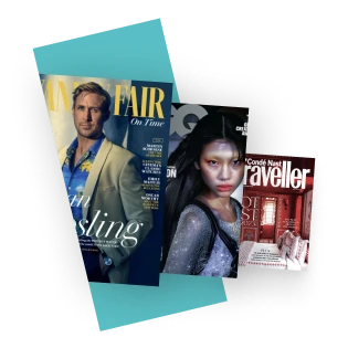 Overlapping magazine covers featuring Vanity Fair and Condé Nast Traveller, with fashion and lifestyle photography.