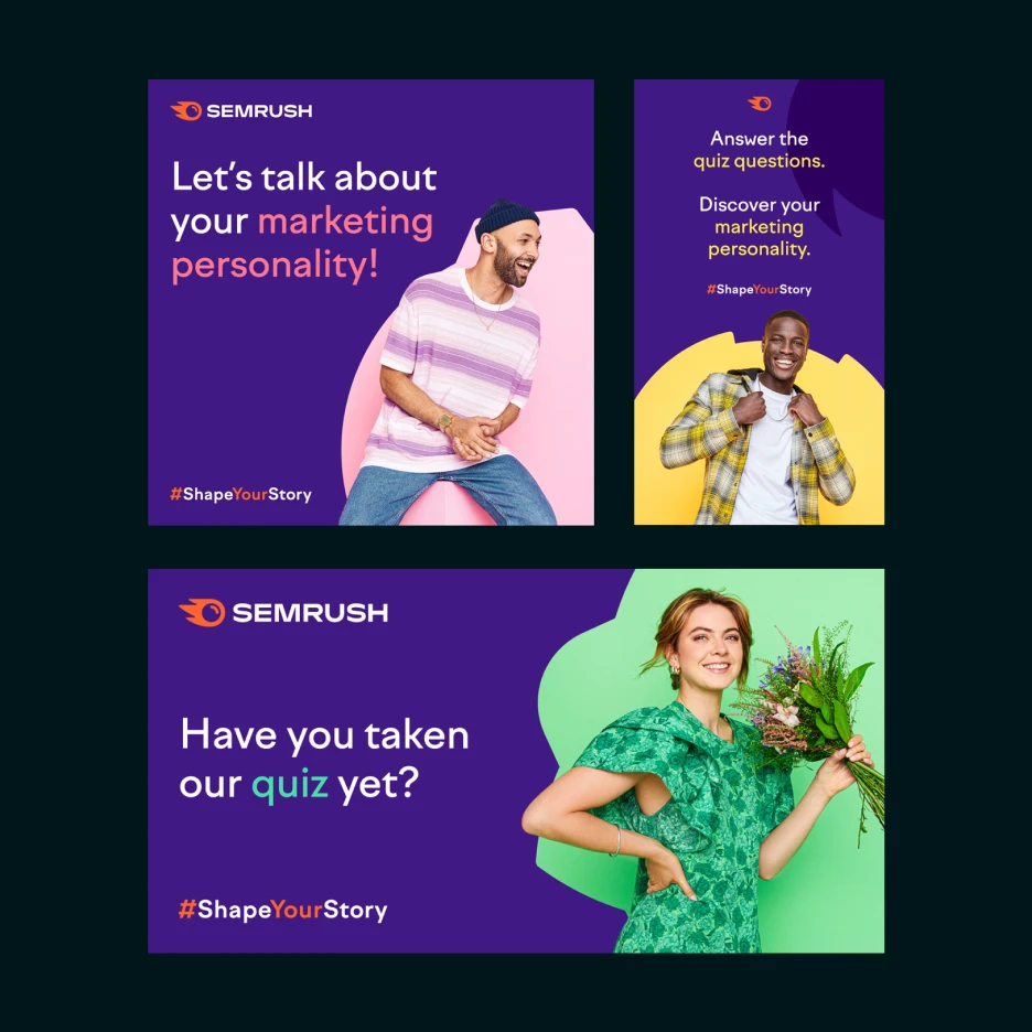 SEMrush campaign visuals promoting a marketing personality quiz, featuring three people on bold purple backgrounds with call-to-action text and the hashtag #ShapeYourStory.